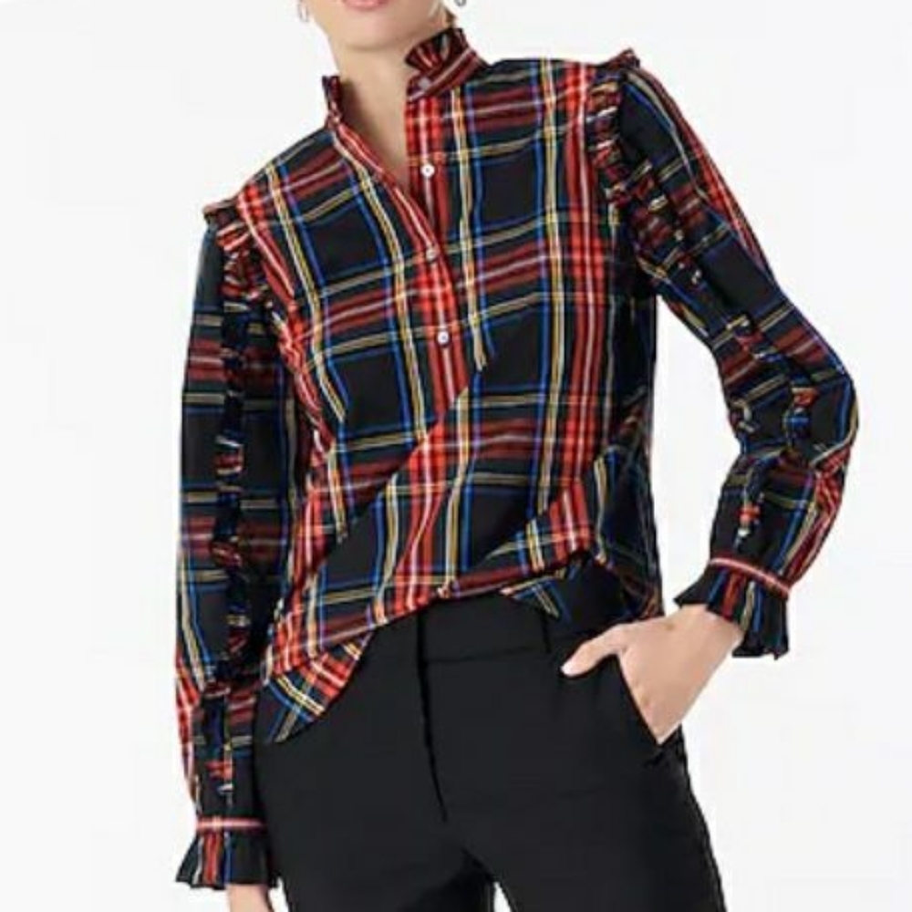 Button Plaid Ruffle long sleeve blouse
